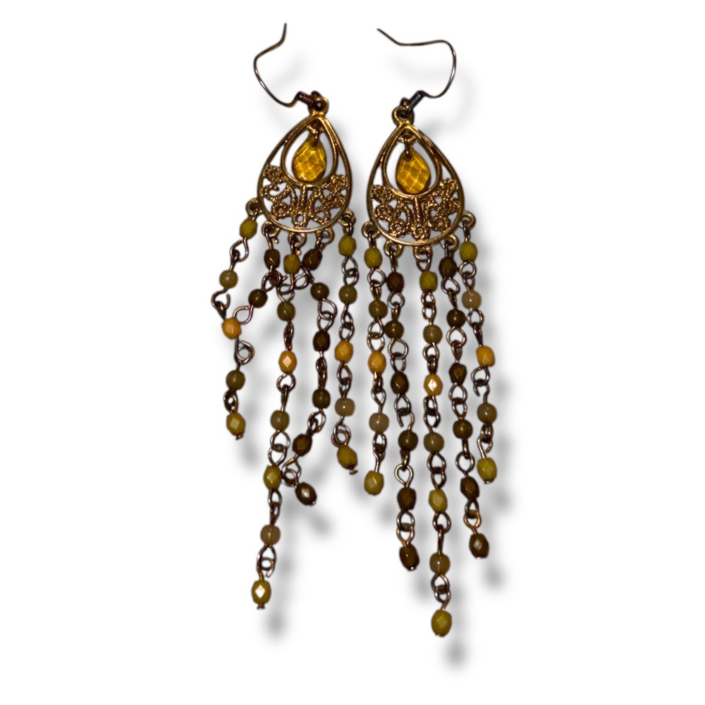 Vintage Gold Yellow Brown Boho Beaded Dangle Earrings Intricate Chandelier EUC